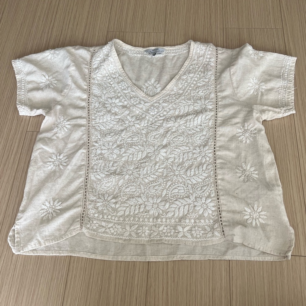 White Embroidered V-Neck Women's Top